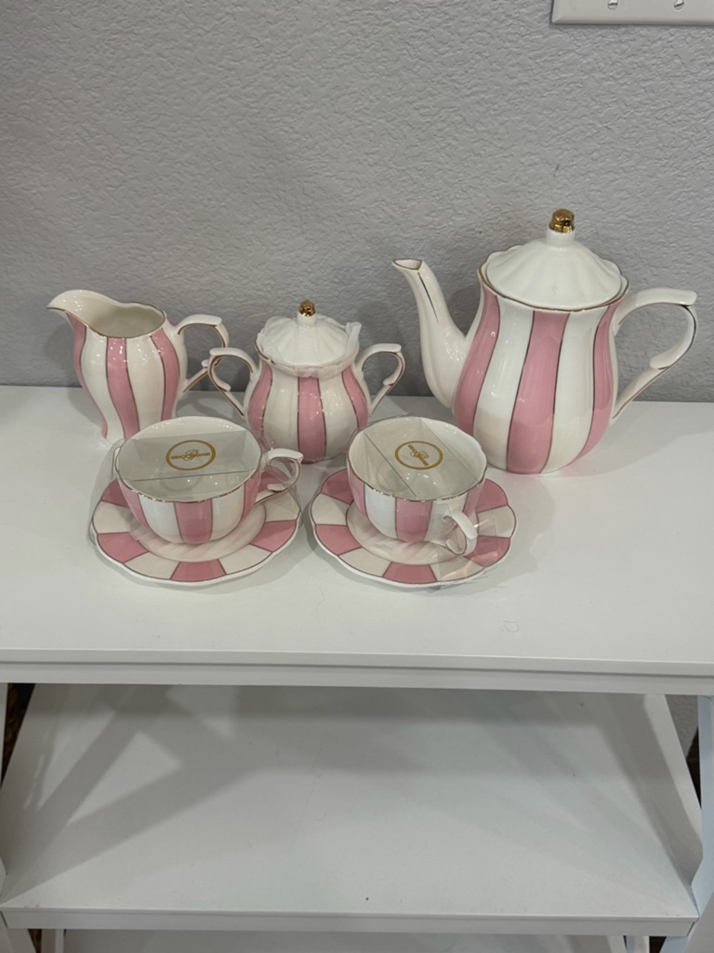 Pink & White Striped Porcelain Tea Set - Elegant Home Dining Mugs